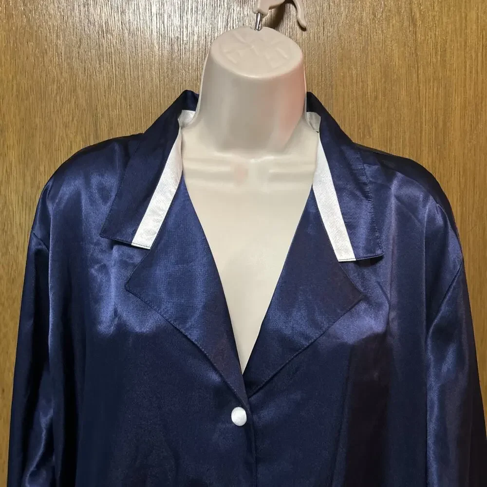 Morgan Taylor Intimates 2X NIGHT SHIRT Liquid SATIN Button Front NAVY BLUE F25 - Picture 3 of 9